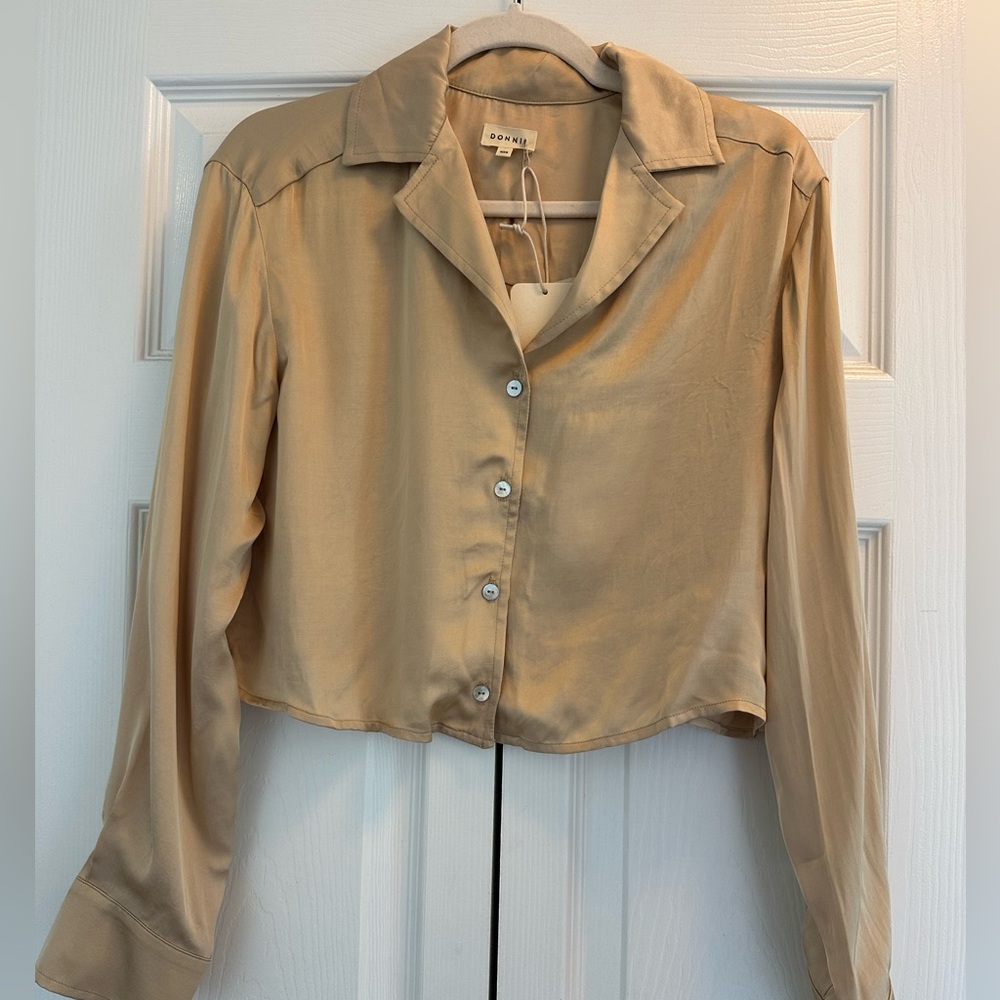 DONNI. Notched Collar Crop Button Down Shirt | Size XXS | Gold | NWT